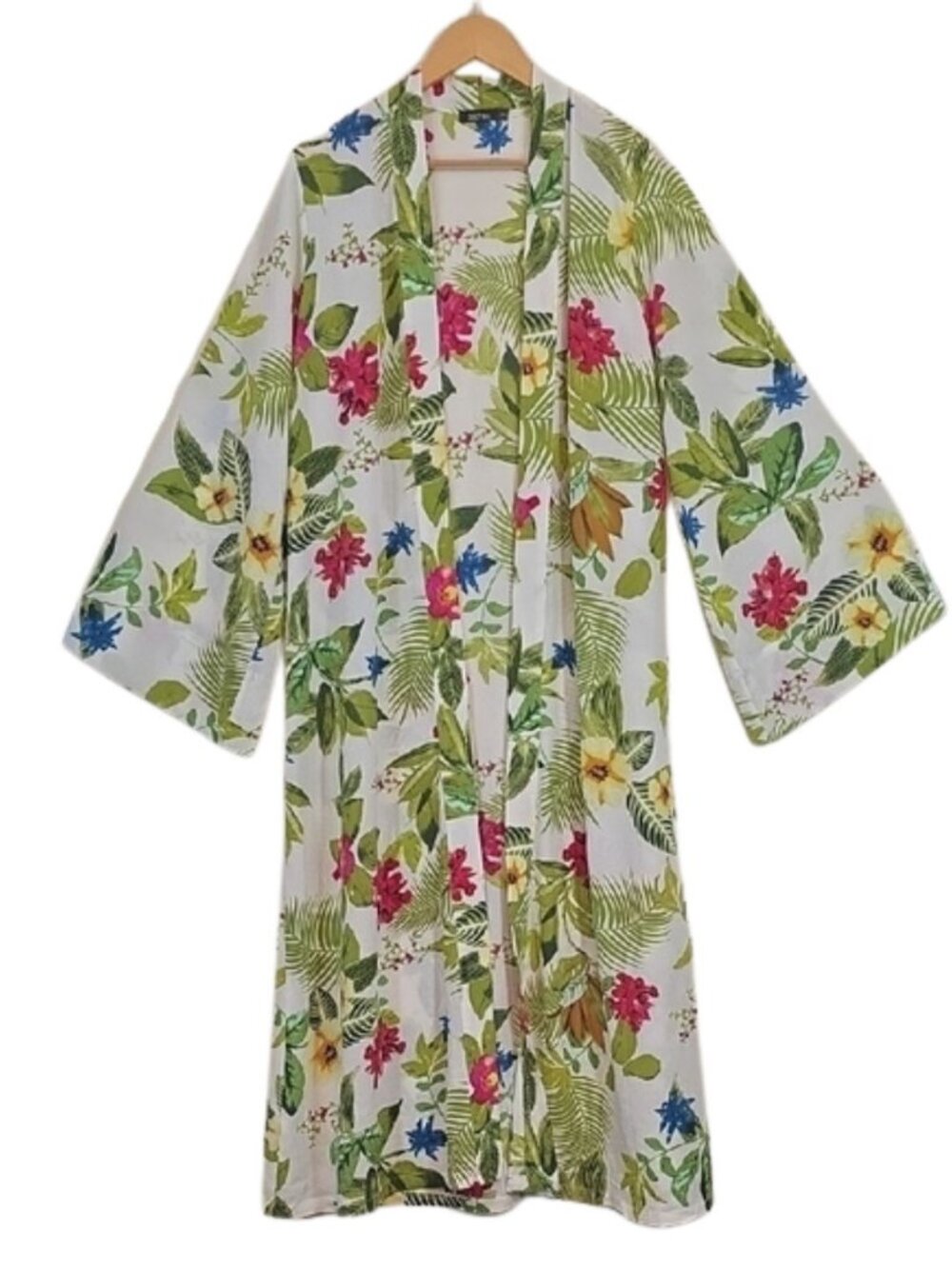 Boohoo Tropical Open Front Kimono Duster M/L Cover-Up Resort Boho Coastal Beach